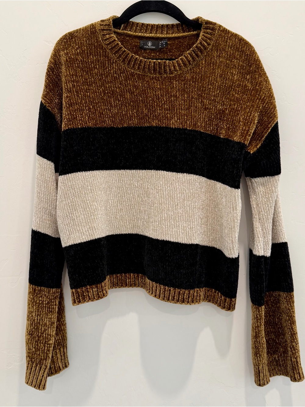 Volcom Striped Crewneck Sweater in Brown, Black & Cream